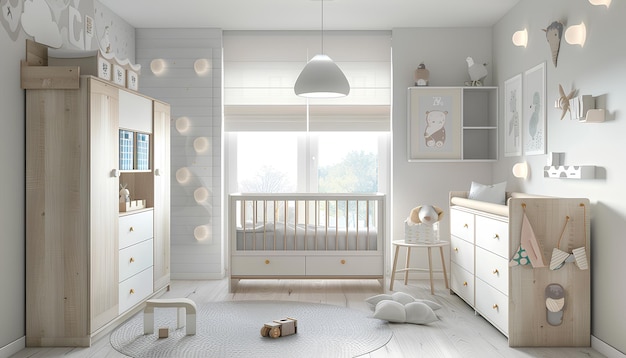 Interior of light childrens bedroom with drawers crib and table