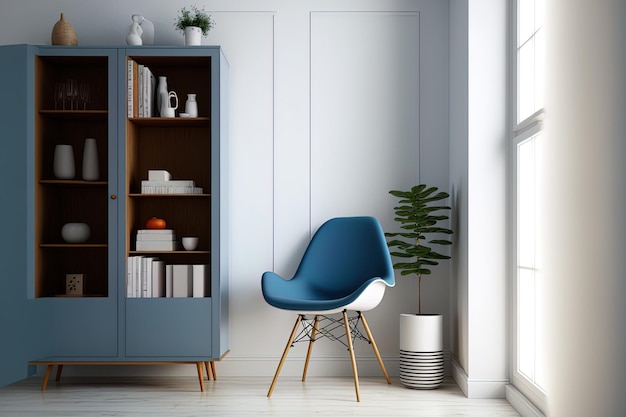 Interior of a light filled living room with a chair against a blank white wall