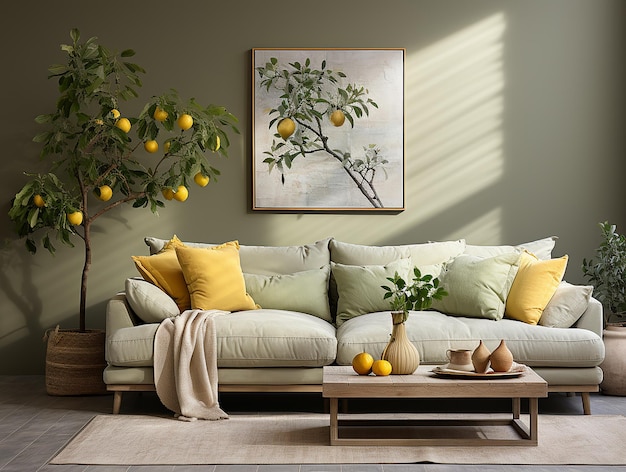 Interior in light gray tones living room Light furniture a green bush in a pot