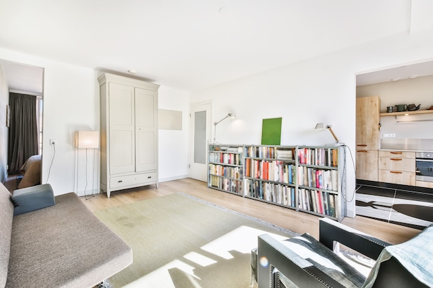 Interior of light living room with bookcase and wardrobe near comfortable seat in modern apartment