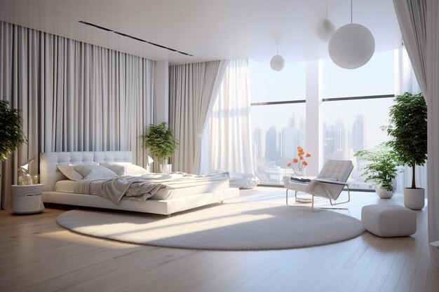 Photo interior of light living room with grey sofas coffee table and large window