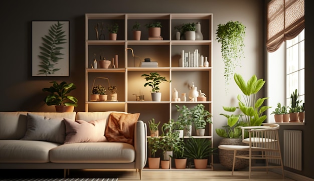 Interior of light living room with sofa shelving units and artificial plants Generative AI