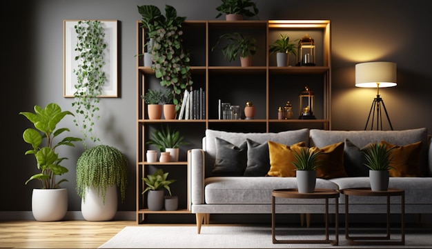 Интерьер светлой гостиной с диванными стеллажами и искусственными растениями Generative AI