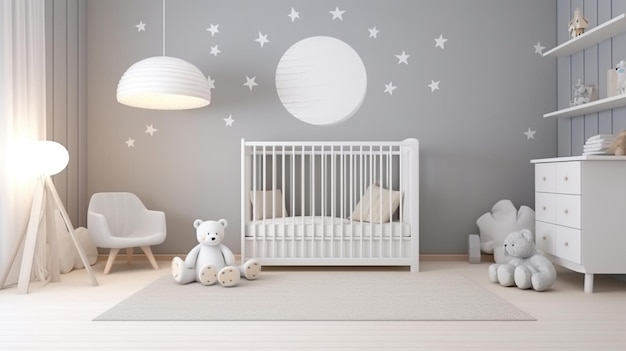 Interior of light modern baby room with crib Decorative baby room wooden detail