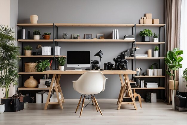 Interior of light office with photographer's workplace shelving unit and equipment