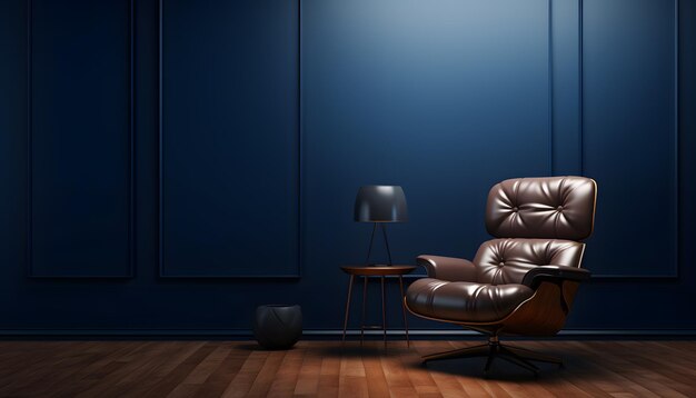 interior of light room with leather armchair on empty dark blue background