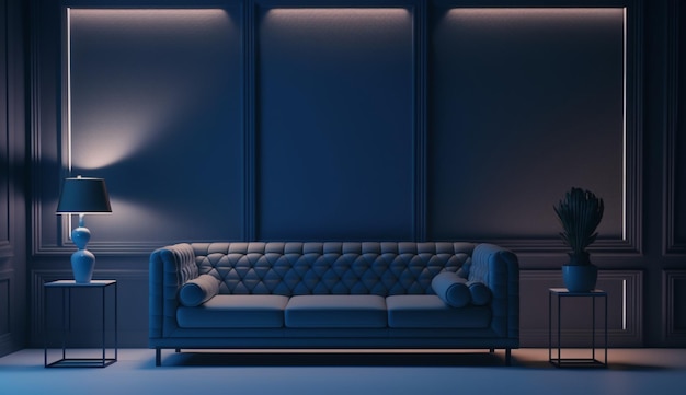 Interior of light room with sofa on empty dark blue wall background Generative AI