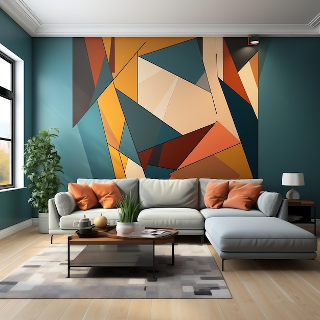 Interior living room accent wall with sleek and modern seamless geometric shape