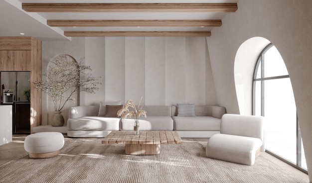 Interior living room contemporary stylewhite sofa wooden floor and arch window 3D illustration