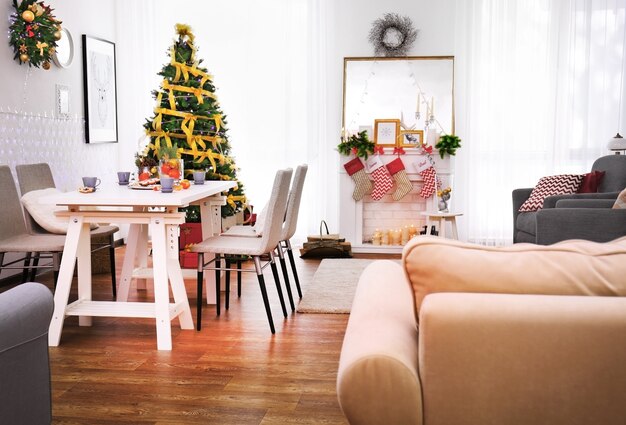 Interior of living room decorated for Christmas