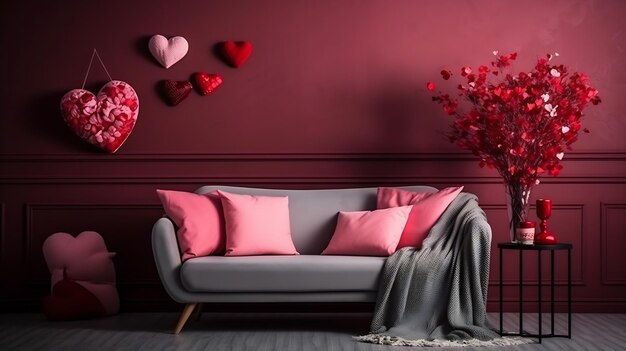 Photo interior of living room decorated for valentines day generative ai