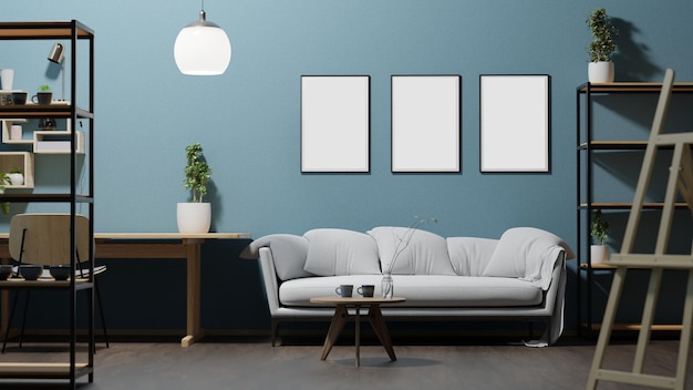 Interior living room design 3d rendering,gallery wall frame\
mockup in white room with trendy and modern furniture and lots of\
green plants,3 poster in an interior in scandinavian style with a\
sofa