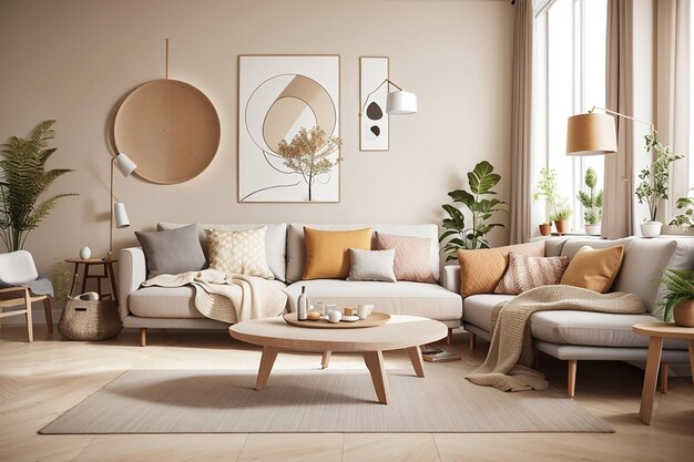 Interior living room design scandinavian style in warm tone