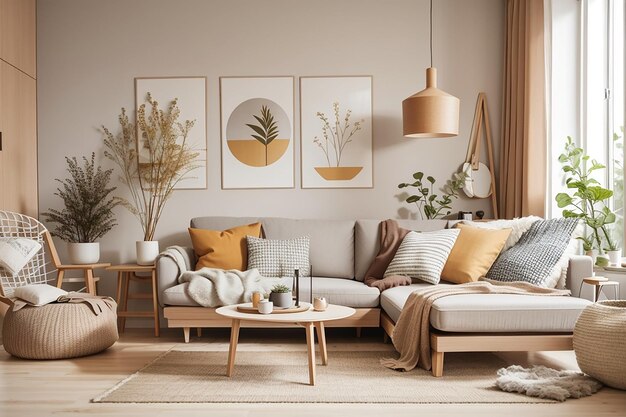 Interior living room design scandinavian style in warm tone