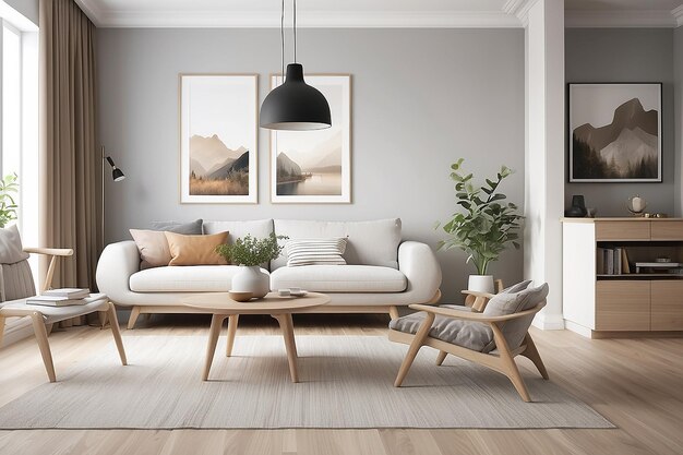 Design interno del soggiorno in stile scandinavo in tono caldo
