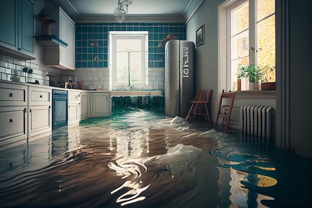 Interior of a living room flooded with watergenerative ai