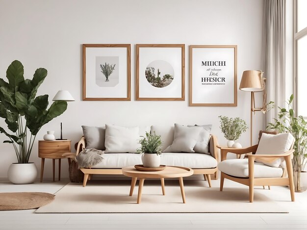 Interior living room gallery wall poster frames mockup in white room with wooden furniture Ai