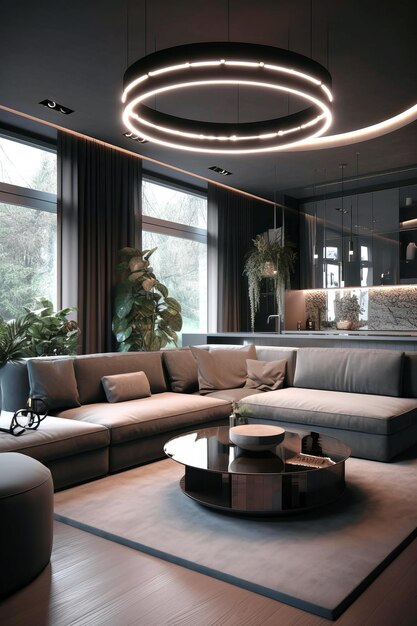 Photo interior of living room in modern house in techno style