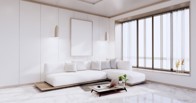 Interior,Living room modern minimalist has sofa on white wall and granite tiles floor.3D rendering