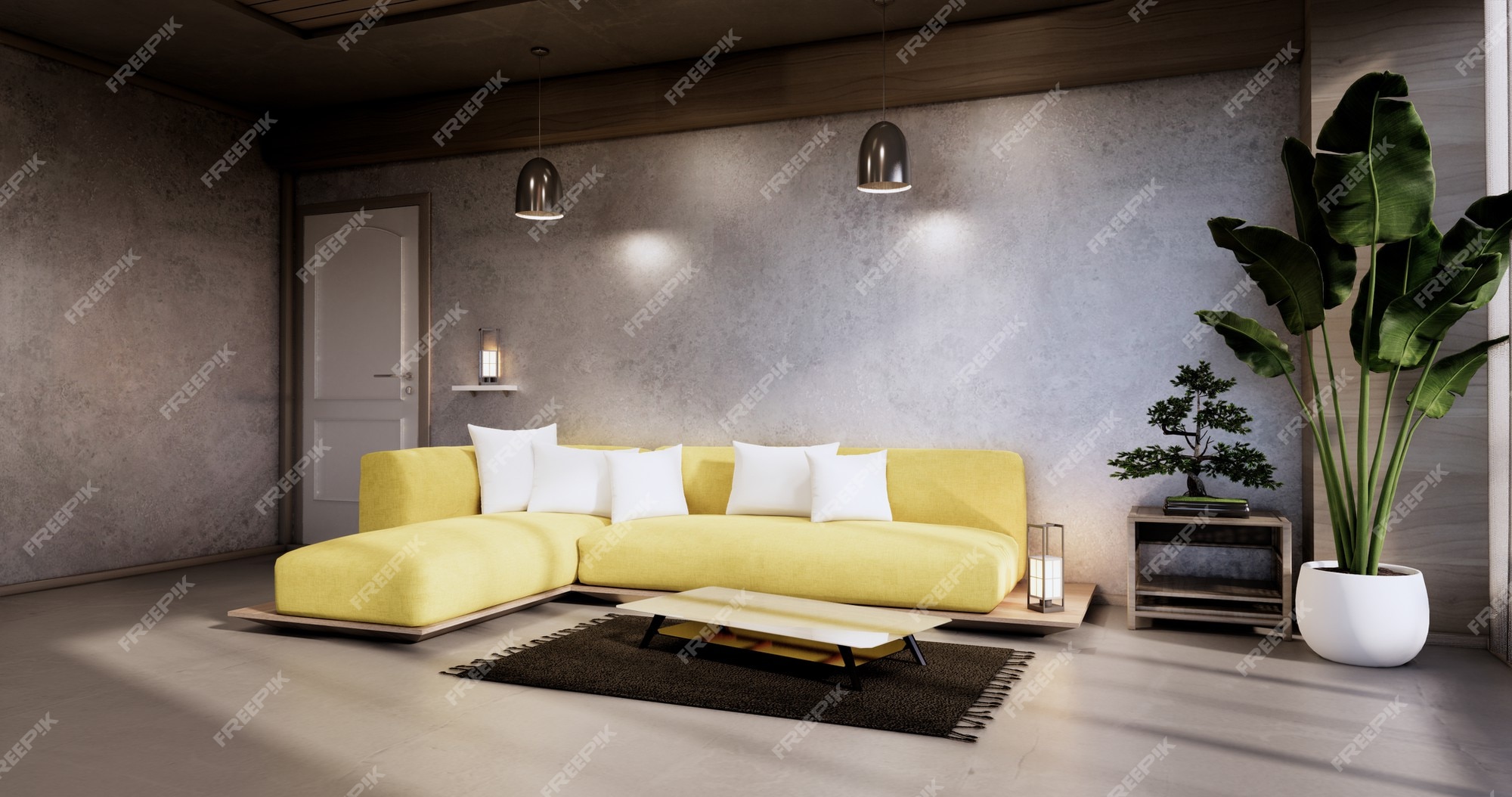 Premium Photo | Interior ,living room modern minimalist has yellow sofa on  concert wall and granite tiles floor.3d rendering