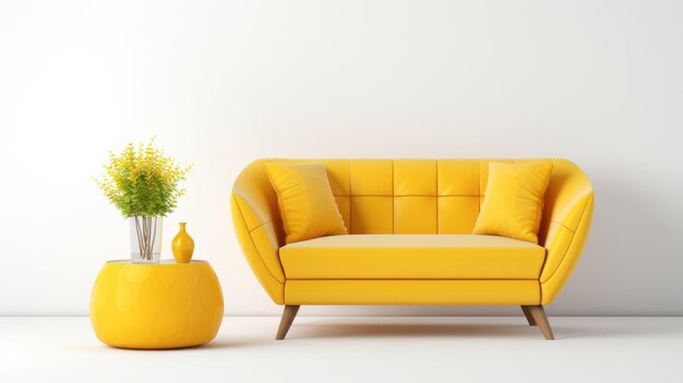 Photo interior of living room modern style with yellow sofa and houseplant on white ai