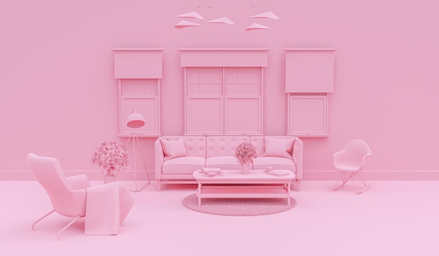 Interior of the living room in plain monochrome pink color with accessories 3D rendering for web page presentation or picture frame backgrounds