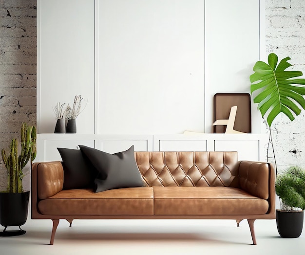 Макет внутренней стены гостиной с кожаным диваном и декором на белом фоне Generative AI. Фото высокого качества