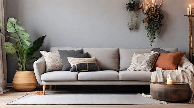 3Dレンダリングで白い背景に革のソファーとデコアをインテリアのリビングルームの壁のモックアップ