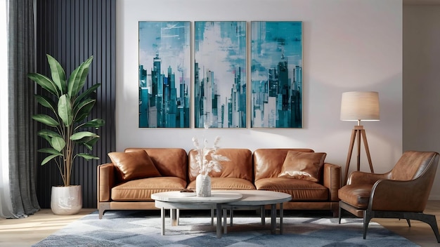 Внутренний макет стены гостиной с кожаным диваном и декором на белом фоне3d rendering