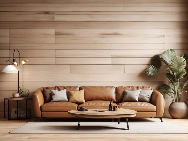 Interior living room wall mockup with leather sofa and decor on wooden wall background3d rendering