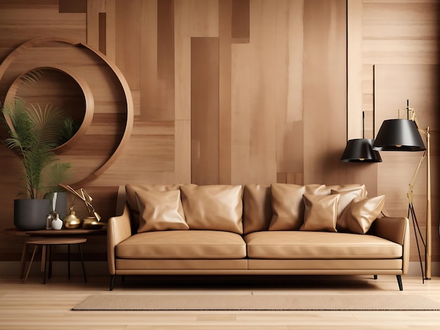 Interior living room wall mockup with leather sofa and decor on wooden wall background3d rendering