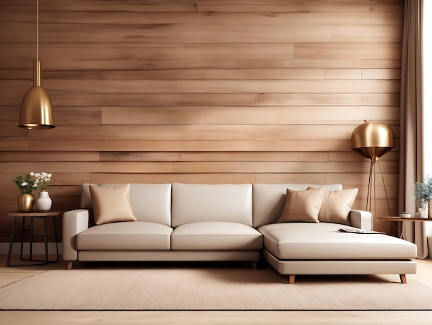 Interior living room wall mockup with leather sofa and decor on wooden wall background3d rendering