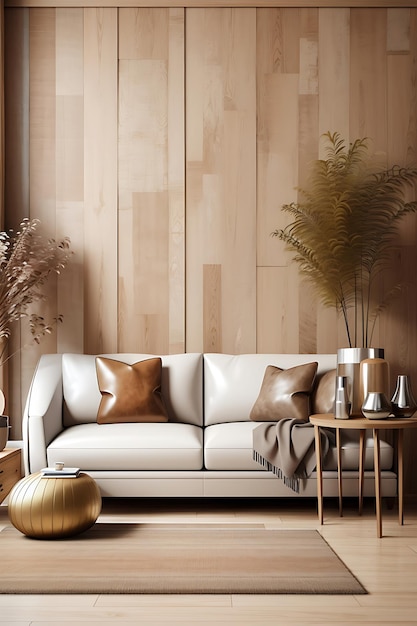 Interior living room wall mockup with leather sofa and decor on wooden wall background3d rendering