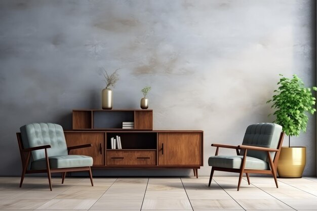 Interior of living room with armchairs and wooden sideboard