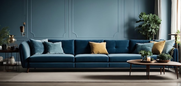 interior of living room with blue sofa