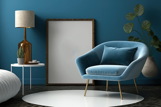 Interior of a living room with blue walls and a concrete floor with a white velvet armchair next to a round coffee table a floor level vertically framed poster a mockup