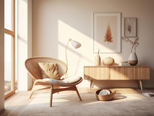 Interior living room with chair and decorations Scandinavian design Generative AI