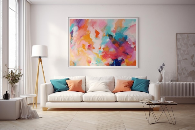 Interior living room with colorful white sofa