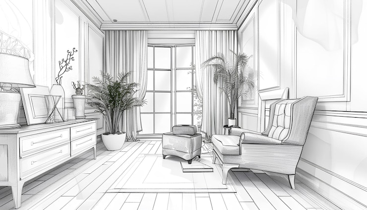 Photo interior of living room with comfortable armchair chest of drawers folding screen and houseplants