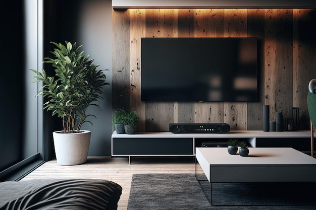 Interior of living room with contemporary TV mounted on wooden wall