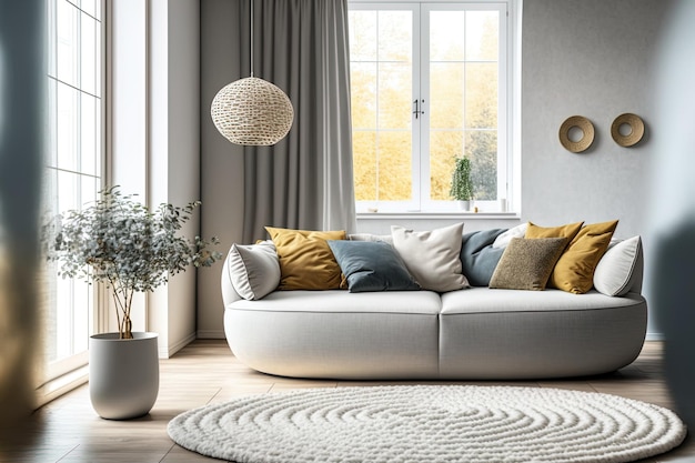 Interior of living room with cozy sofa and chic circular rug