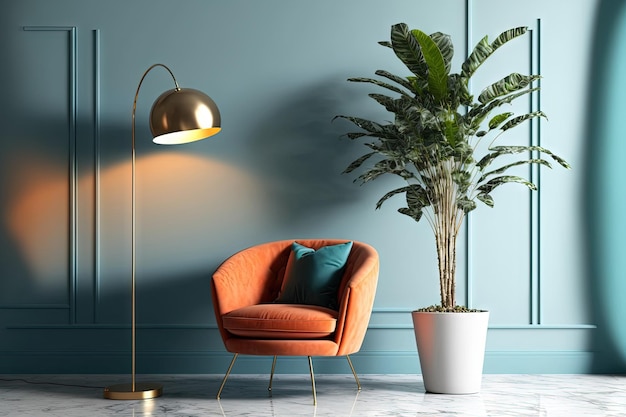 Interior of living room with floor lamp and orange armchair over the light blue wall with copy space