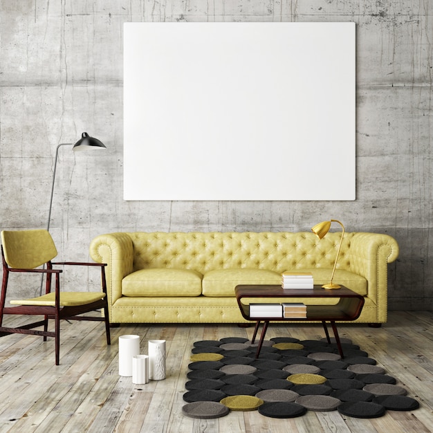 Interior living room with furniture, sofa and blank photo frame