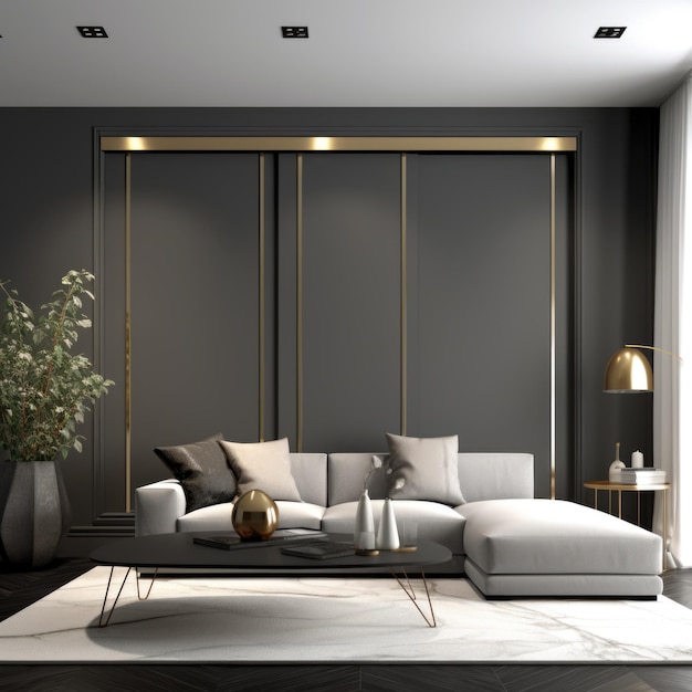 Interior of living room with gray double sliding raised doors against black wall Modern home design