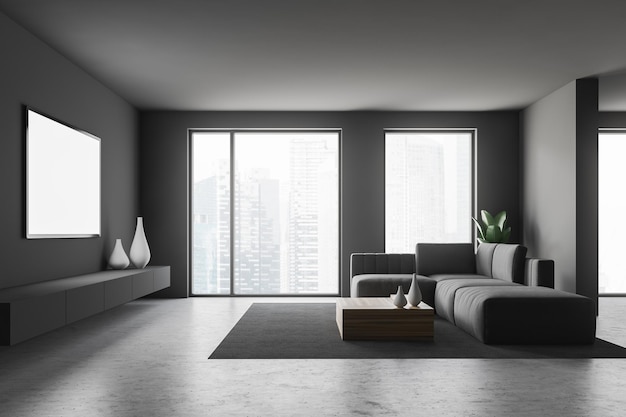 Interior of living room with gray walls, concrete floor, large windows, gray sofa standing near coffee table in front of tv set. 3d rendering mock up