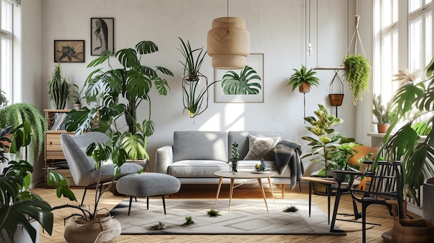 Interior of living room with green houseplants and sofas Generative Ai