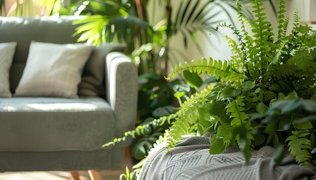 Photo interior of living room with green houseplants and sofas