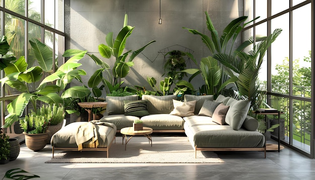 Interior of living room with green houseplants and sofas