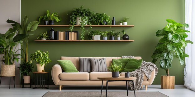 Photo interior of living room with green houseplants and sofas