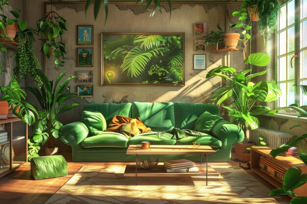 Photo interior of living room with green houseplants and sofas